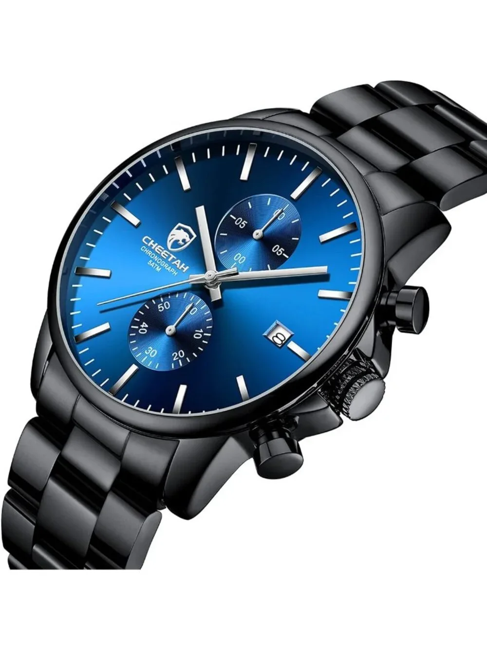 Men's Dark Blue Stainless Steel Waterproof Chronograph Quartz Wrist Watches